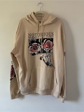 Fresh Laundry Notorious Rose Graphic Hoodie Skeleton Hand Beige Oversized Men’s